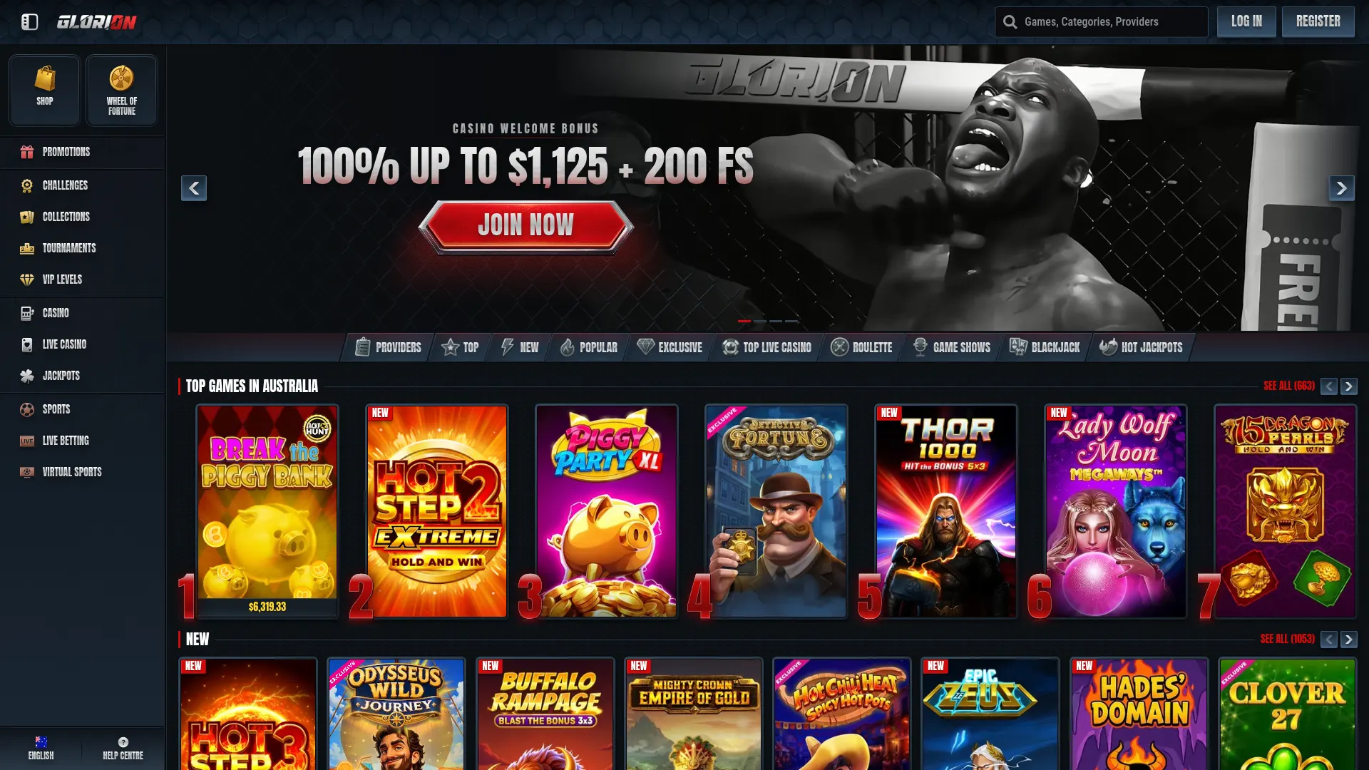 Glorion Casino desktop browser view